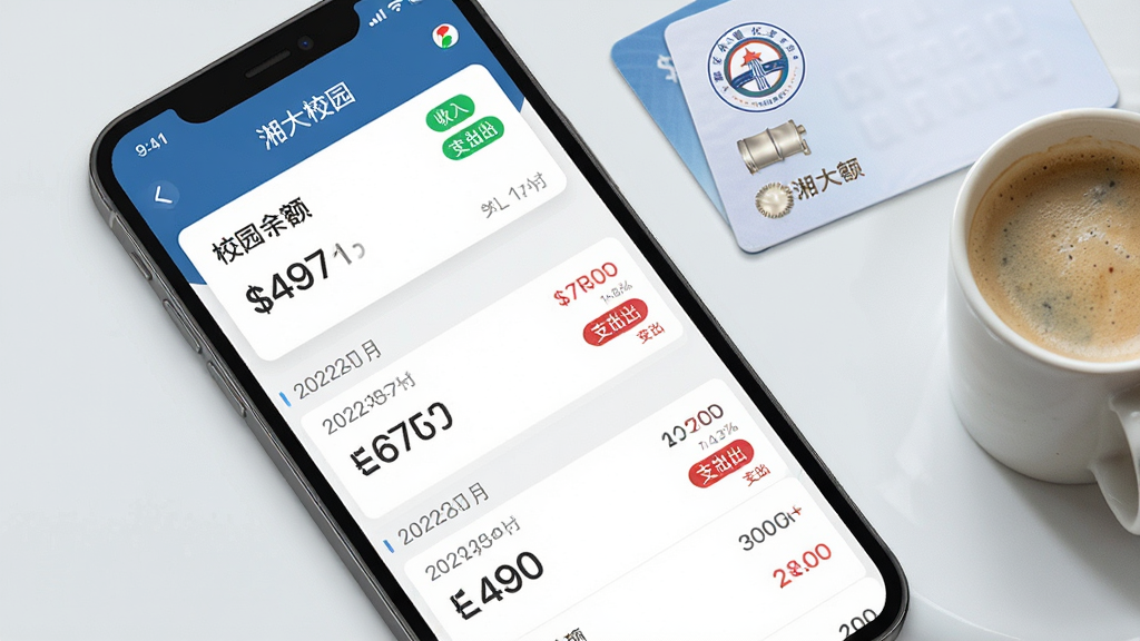 主体为手机屏幕特写,显示“湘大校园”校园卡余额页面与消费流水列表;布局为手机倾斜放置,旁边搭配一张实体校园卡与一杯咖啡;排版突出屏幕内容,背景浅灰;风格为生活化产品展示风;细节包含余额数字、绿色收入标签、红色支出标签、日期分组;画质清晰,画面干净,无多余元素