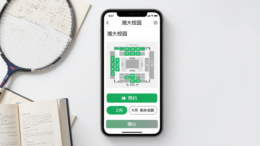 主体为手机屏幕显示“湘大校园”场馆预约页面,包含图书馆座位分布图与时间段选择按钮;布局为手机居中,左侧点缀羽毛球拍与书本;排版突出预约按钮与剩余名额数字;风格为简约功能展示风;细节包含绿色可预约状态、灰色已满状态、底部确认栏;画质清晰,画面干净,无多余元素