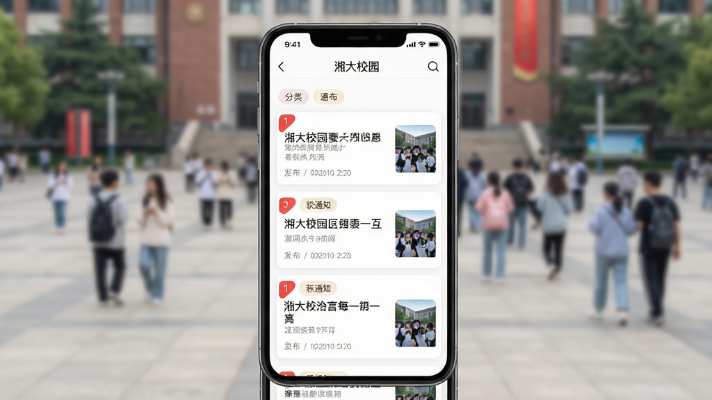 主体为手机屏幕展示“湘大校园”资讯列表页,卡片式排列通知标题与发布日期;布局为手机正面,背景为校园广场与人群虚化;排版为纵向卡片流;风格为新闻资讯类App展示风;细节包含红色角标、分类标签、缩略图;画质高清,画面干净,无多余元素