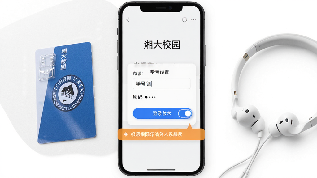 主体为手机屏幕显示“湘大校园”登录页面与权限设置弹窗;布局为手机居中,旁边放置一张校园卡与一副耳机;排版突出登录按钮与权限开关;风格为教程示意风;细节包含学号输入框、密码隐藏点、橙色提示条;画质高清,画面干净,无多余元素