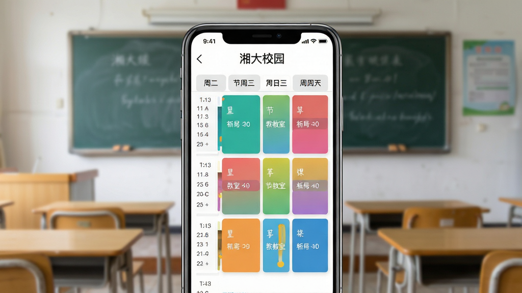 主体为手机屏幕展示“湘大校园”课表界面,彩色课程块按工作日排列;布局为手机正面居中,背景为教室黑板与课桌虚化;排版清晰,课程块色彩区分明显;风格为教育类App展示风;细节包含周一至周五列、节次行、教室编号文字;画质高清,画面干净,无多余元素