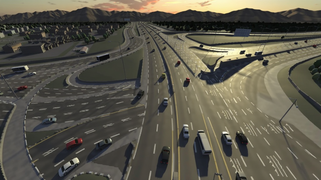 俯瞰视角下的城市道路网与高速公路交汇场景,画面中有多辆汽车行驶在不同车道上,远处有山脉与夕阳,采用卫星地图风格的3D渲染,细节包含道路标线、车辆阴影与建筑轮廓,画质清晰,干净,无多余元素