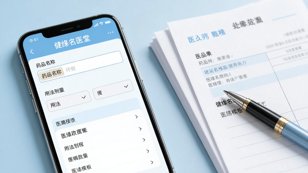 ��Ե��ҽ��ҽ����ҽ��¼����棬����չʾ�ֻ���Ļ�ڴ����༭ҳ�棬����ҩƷ����������÷�����ѡ������ҽ��ģ���б�����Ļ�Է���һ���������һ֧ǩ�ֱʣ�����ɫ��Ϊǳ�����ɫ���������ҽ�ƣ���������������ϸ�壬�������