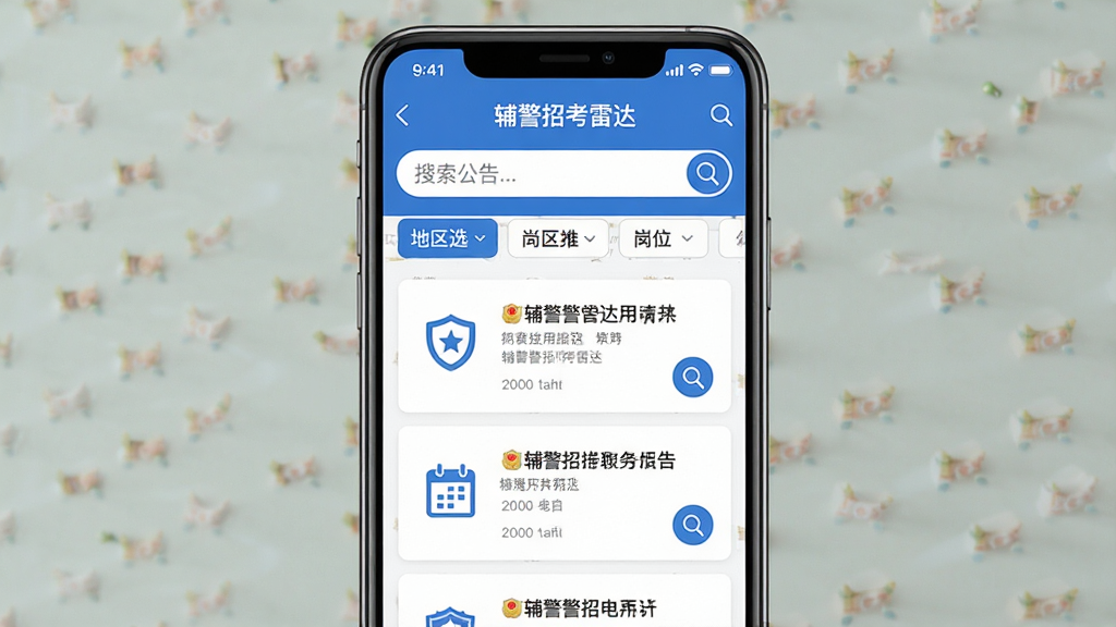 一款名为“辅警招考雷达”的手机应用界面展示图,画面中央是手机屏幕,屏幕内呈现招考公告列表与岗位筛选界面,布局为上下结构,上方为搜索栏与地区筛选标签,下方为卡片式公告条目,风格为清爽蓝白配色扁平化设计,细节包括盾牌图标、日历标记、放大镜按钮,画质清晰,干净整洁,无多余元素