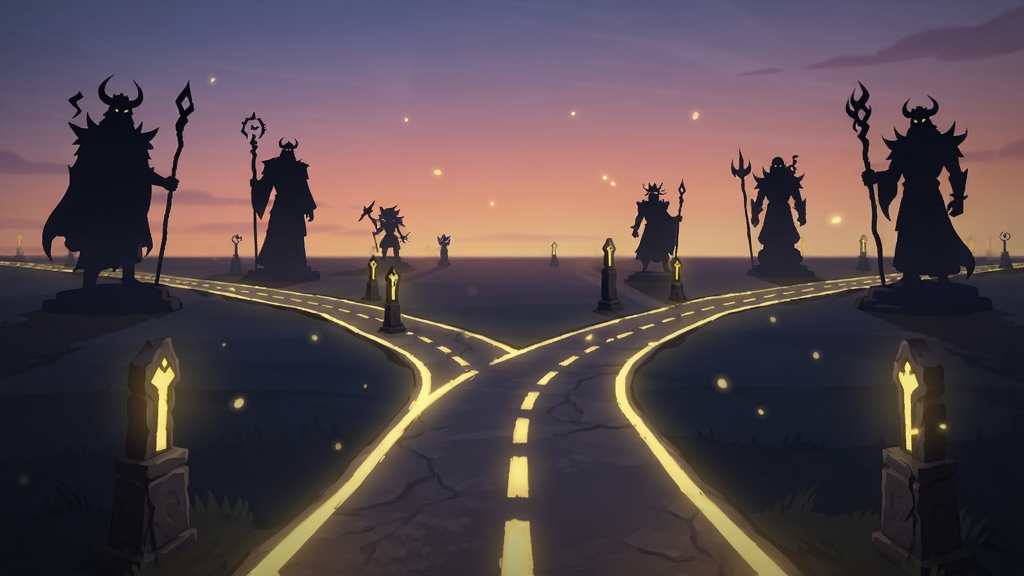 画面主体为一条分叉发光的道路延伸向远方,道路两侧分别矗立着不同神明角色的剪影石碑,天空为黄昏渐变色彩,布局为道路从画面底部向中央分叉延伸、石碑左右分布,排版突出分支选择感,风格为奇幻剧情游戏概念图风格,细节包含发光路标、角色剪影轮廓、飘散光点,画质高清干净、无多余元素