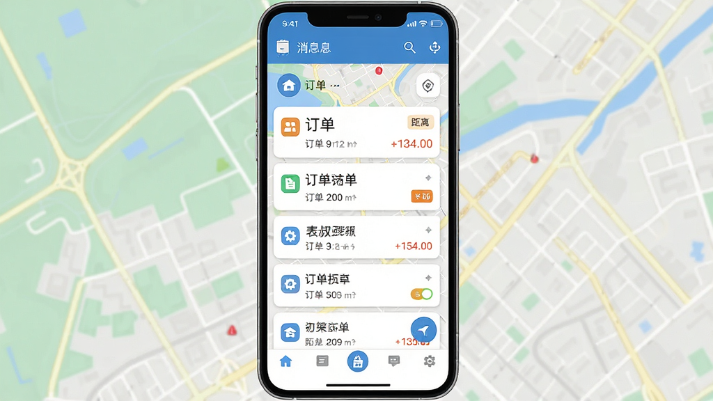 表叔云服安卓版应用主界面截图,画面中央展示手机屏幕内订单列表与地图接单开关布局,排版采用上下分层结构,上方为状态栏与消息入口,中部为滚动订单卡片,下方为底部导航栏,风格为扁平化现代UI设计,细节包含清晰的功能图标、订单金额标签与距离提示,画质清晰干净,无多余装饰元素