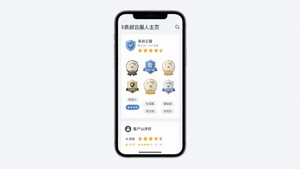 表叔云服个人主页与技能认证页面预览图,画面中心展示手机界面内认证徽章墙与客户评价星级模块,布局为纵向卡片流式排版,风格为清爽浅色系商务风,细节包含盾牌认证图标、五角星评分组件与技能标签胶囊,画质精细干净,无多余背景干扰