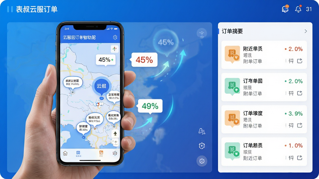 表叔云服订单智能匹配功能展示图,画面主体为手持手机屏幕显示附近订单地图分布与匹配度百分比标签,布局采用左右分栏结构,左侧为地图区域标注多个订单气泡,右侧为订单摘要列表,风格为科技感数据可视化界面,细节包含蓝色渐变背景、订单图标与动态匹配动画效果,画质高清锐利,画面干净整洁无杂乱元素