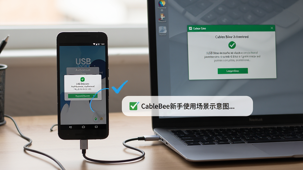CableBee新手使用场景示意图,画面展示一部安卓手机通过数据线连接电脑,手机屏幕显示USB调试授权弹窗,旁边有勾选提示,电脑屏幕显示驱动安装成功的提示窗口,整体场景为普通书桌环境,风格写实清晰,画质干净,无多余元素
