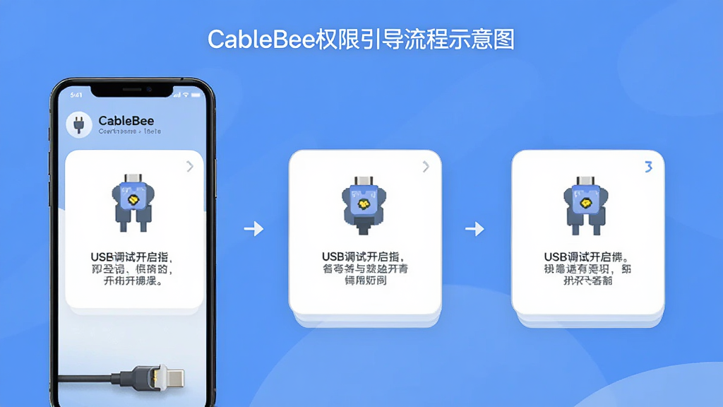 CableBee权限引导流程示意图,手机屏幕分步骤展示USB调试开启指引,每一步配有图标和简短文字说明,界面采用卡片式布局,风格清新简洁,画质清晰,干净,无多余元素