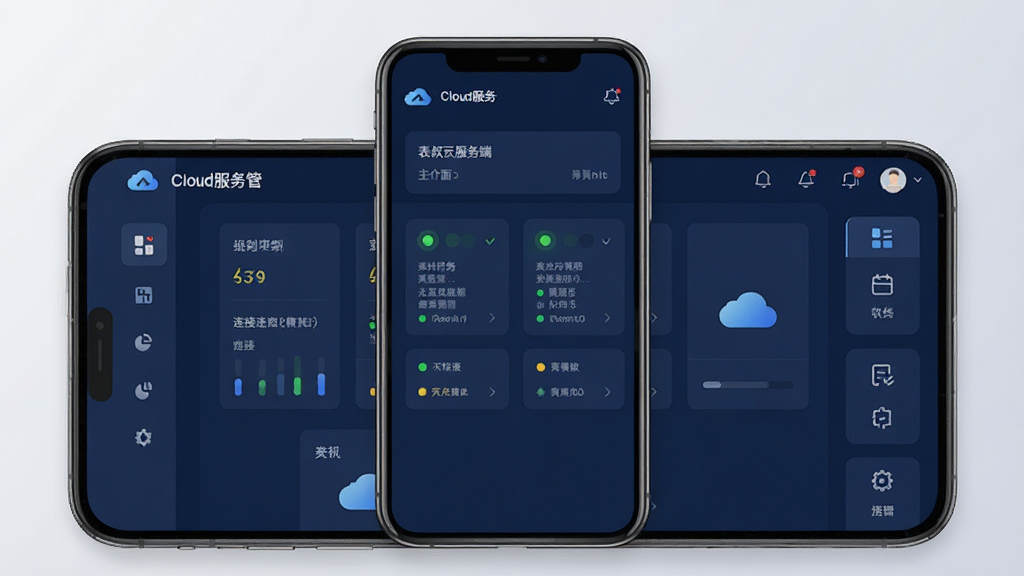 一张展示表叔云服务端软件主界面的预览图,画面中央是手机屏幕,屏幕内显示深蓝色调的云端服务管理面板,面板上有服务器状态卡片、连接指示灯和功能菜单图标,背景为简洁的浅灰色渐变,整体风格清爽现代,画质清晰,干净无多余元素