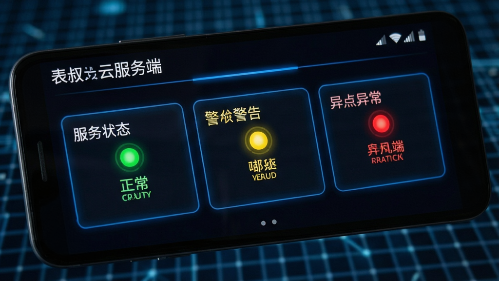 一张展示表叔云服务端多节点管理界面的生图,画面为一部安卓手机屏幕特写,屏幕内显示三个并排的服务状态卡片,分别标注绿色正常、黄色警告、红色异常状态指示灯,界面采用深色主题搭配蓝色高亮线条,背景为模糊的科技感网格纹理,画质清晰,干净无多余元素