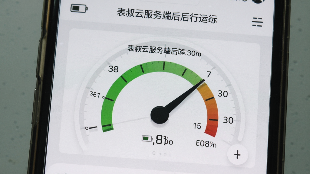 一张展示表叔云服务端后台运行状态的生图,画面为手机屏幕内显示电池和内存占用的小型仪表盘,仪表盘指针处于低耗区间,界面配色为浅灰和绿色,背景简洁干净,画质清晰,无多余元素