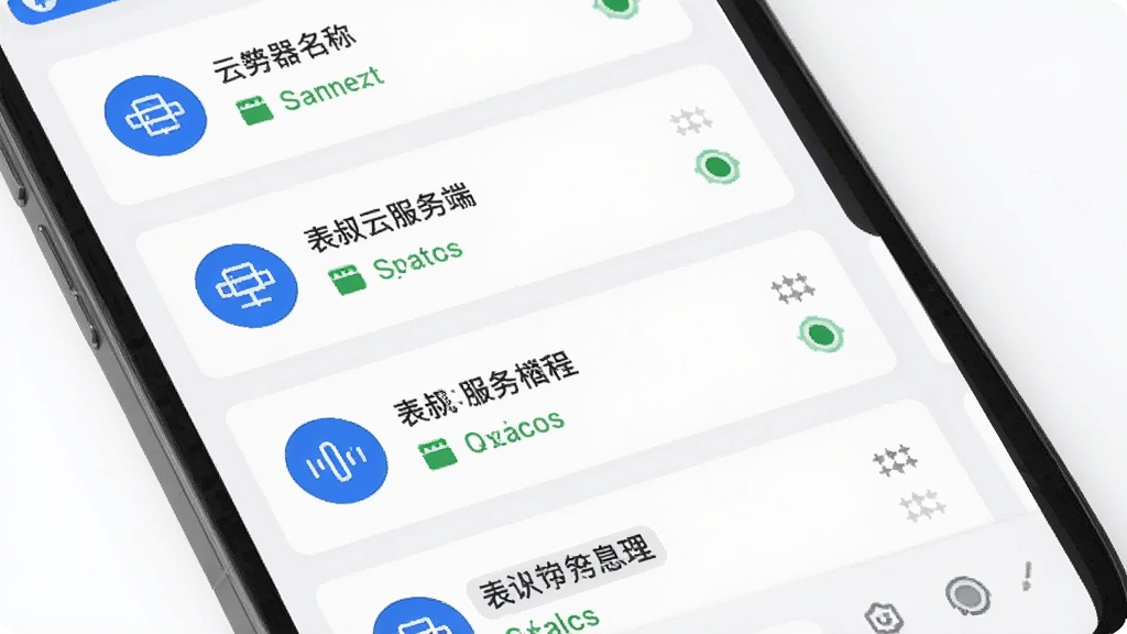 一张展示表叔云服务端连接配置列表界面的生图,画面为手机屏幕内显示多个配置卡片列表,每个卡片上有服务器名称和连接状态图标,界面采用浅色背景搭配蓝色圆形图标,整体风格简洁商务,画质清晰,干净无多余元素