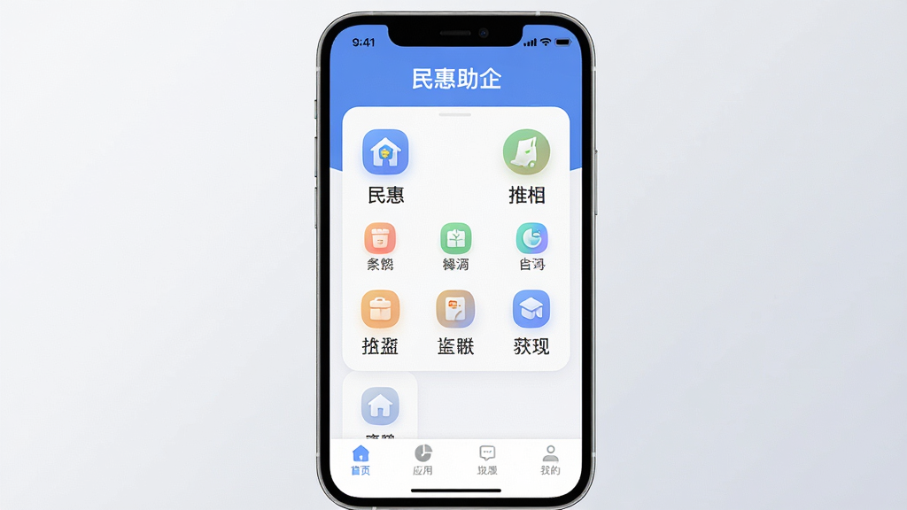 画面主体为“民惠助企”应用的功能宫格页面特写,布局为手机屏幕局部放大居中、背景为浅灰渐变,风格清爽简约,细节上图标圆润、文字清晰、底部导航栏可见,画质清晰、干净、无多余元素