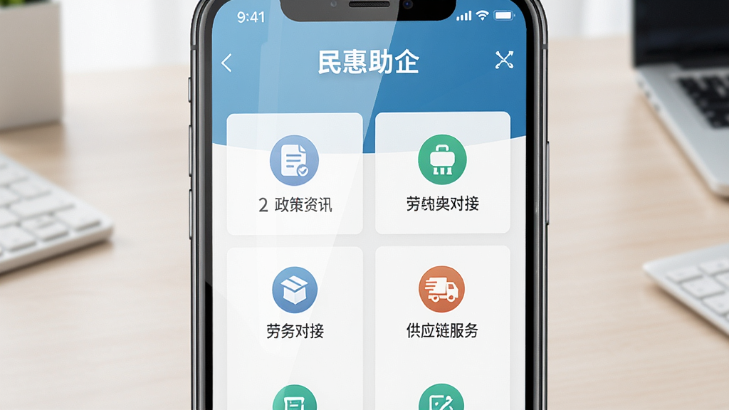 画面主体为一款智能手机,屏幕中央展示“民惠助企”应用主界面,界面包含政策资讯、劳务对接、供应链服务等模块图标,布局为手机居中、背景为浅色办公桌面,风格简洁商务,细节上屏幕有轻微反光、图标排列整齐,画质清晰、干净、无多余元素