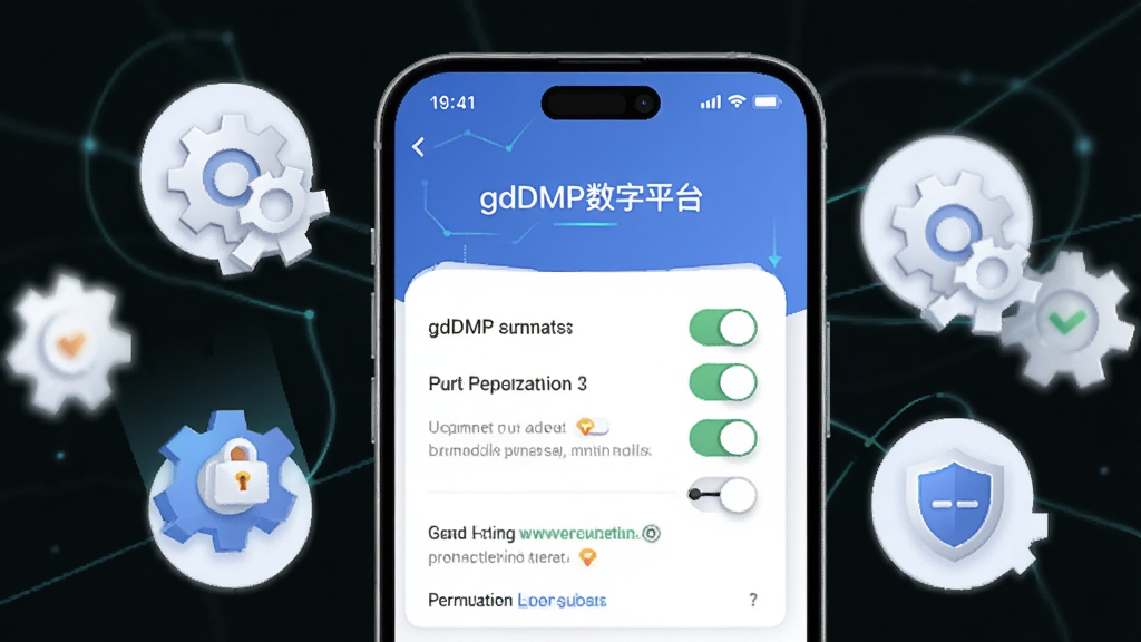 画面主体为一部手机屏幕显示gdDMP数智平台的权限设置引导页面,旁边配以齿轮与盾牌图标象征安全设置,布局为手机居中、图标环绕式构图,风格为简洁科技插画,细节突出权限开关与提示文字区域,画质清晰干净,无多余元素