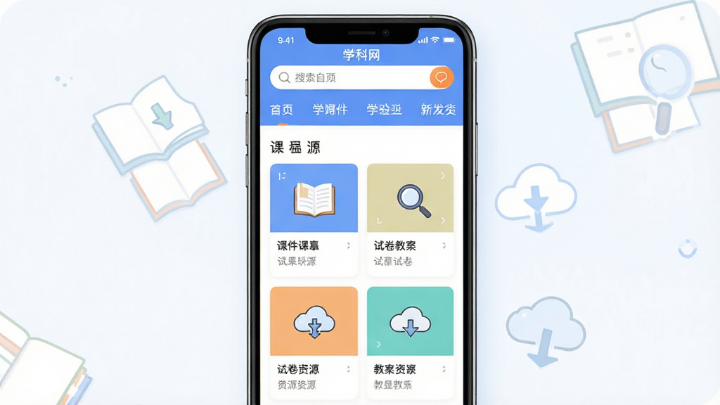 ��������Ϊһ�����������ֻ����аڷţ��ֻ���Ļ��չʾѧ����APP��ҳ���棬�����Ϸ�Ϊ��������ѧ�Ʒ��ർ�����в�Ϊ�μ����Ծ����̰�����Դ��Ƭ�������У����岼�ֲ����������׵�����ʽ�Ű棬���Ϊ���������ı�ƽ���Ƽ��廭��ϸ���ϼ����鱾���Ŵ󾵡��ƶ�����ͼ���Ԫ�ص�׺�����ʸ�������������ɾ����࣬�޶�������װ��