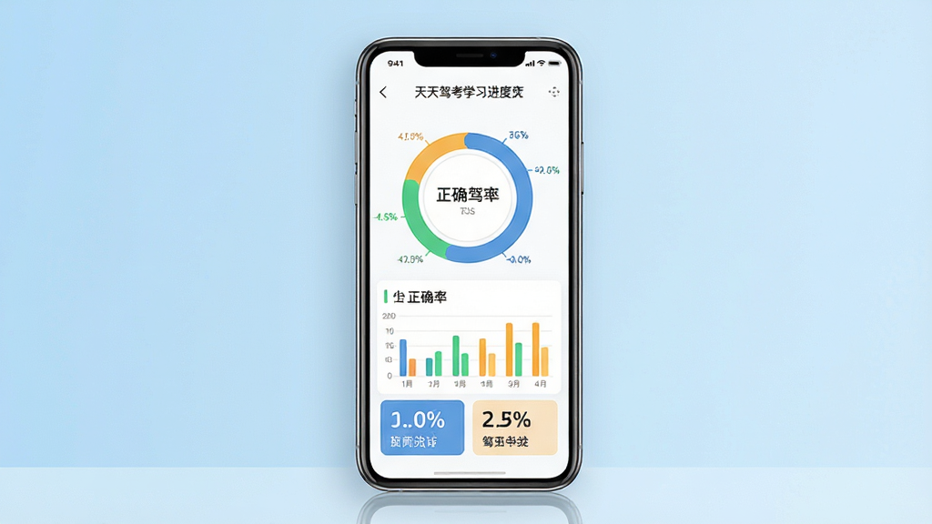 一张展示天天驾考学习进度统计页面的生图,画面为一部竖屏手机,屏幕中显示环形进度图、柱状正确率图表和数字统计卡片,背景为浅蓝渐变墙面,布局居中突出手机主体,风格数据可视化简洁风,细节包括图表刻度、百分比数字、图标配色,画质高清干净,无杂乱背景
