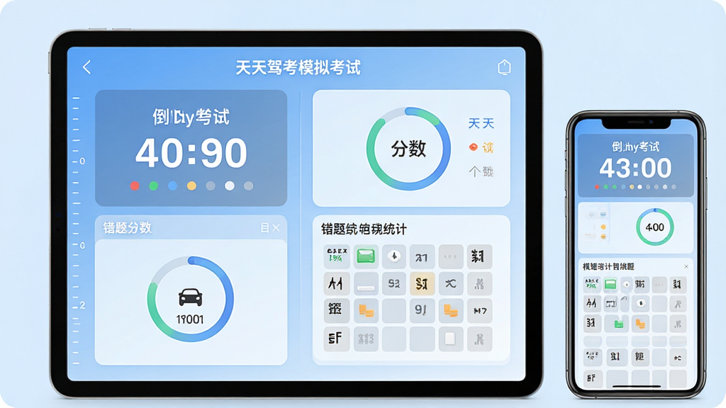 一张表现天天驾考模拟考试功能的AI生图,画面主体为一部横放的平板电脑与竖放的手机并排展示,屏幕中呈现模拟考试倒计时、分数面板和错题统计图表,背景为淡蓝色渐变,布局采用左右分栏排版,风格现代简洁,细节包括数字刻度、进度环、答题卡格子,画质高清干净,无杂乱元素