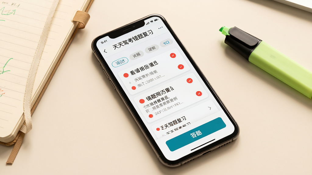 一张表现天天驾考错题复习功能的生图,画面中央是一部手机,屏幕显示错题列表与红色标记的题目卡片,旁边有笔记本和荧光笔作为点缀,背景为暖白色桌面,布局为对角线构图,风格生活化写实,细节包括错题红点、筛选标签、答题按钮,画质细腻干净,无多余元素