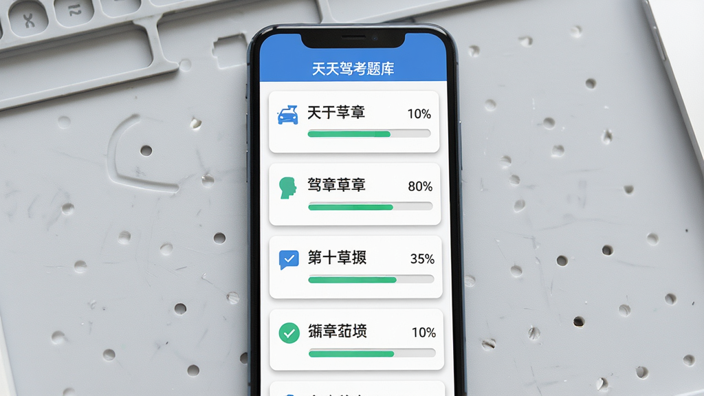一张展示天天驾考题库章节分类界面的生图,画面为一部手机屏幕特写,屏幕上以卡片列表形式排列多个章节名称与进度百分比,背景为浅灰色工作台面,布局为竖向列表居中,风格扁平清爽,细节包括卡片阴影、进度条填充、图标点缀,画质清晰干净,无多余装饰