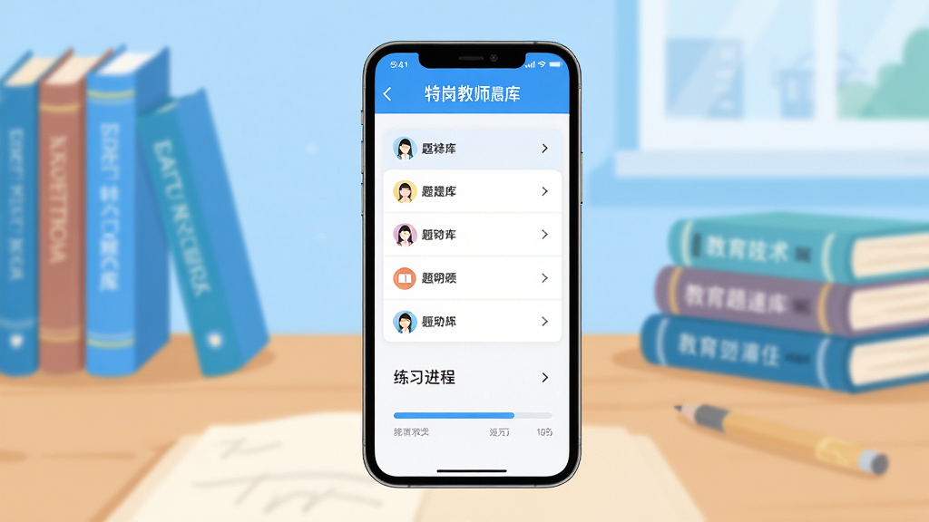 特岗教师刷题库软件主界面展示,手机屏幕中呈现题库分类列表与练习进度条,背景为书桌与教育类书籍,扁平化插画风格,明亮蓝色调,画面干净整洁,高清画质,无多余装饰元素