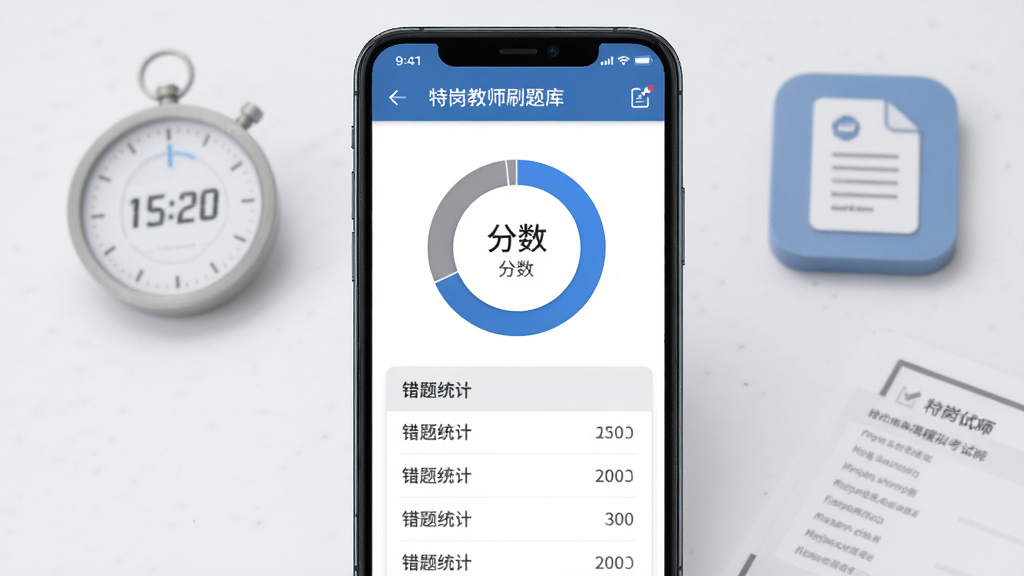 特岗教师刷题库模拟考试结果页面,手机屏幕展示分数环形图与错题统计列表,背景有计时器与试卷图标,简约商务风格,蓝灰配色,布局规整,高清画质,画面干净利落