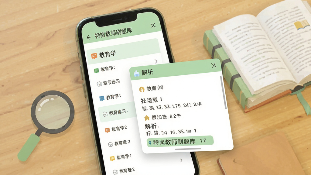 特岗教师刷题库章节练习界面,手机屏幕显示教育学章节列表与题目解析弹窗,画面中有放大镜与书本元素,扁平化设计风格,浅绿色调,排版清晰,高清画质,干净无杂乱元素