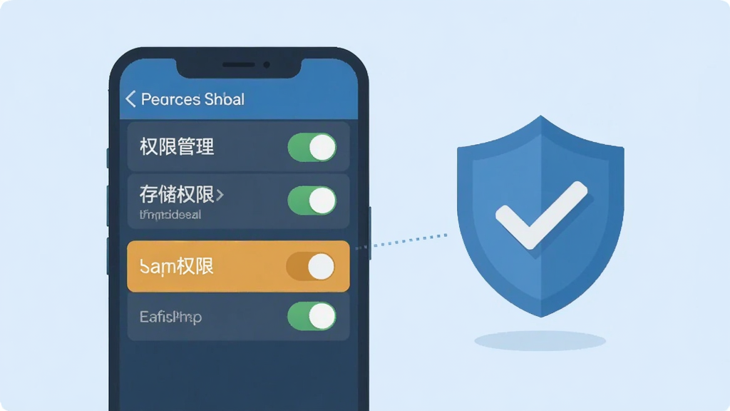 特岗教师刷题库手机安装权限设置示意图,手机屏幕显示权限管理开关列表与存储权限高亮状态,旁边有盾牌与对勾图标,扁平化信息图风格,浅蓝色背景,排版清晰,高清画质,画面干净无冗余元素