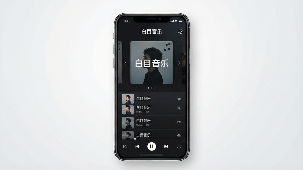 一张展示白目音乐手机应用主界面的效果图,画面中央为竖屏手机屏幕,屏幕内显示简洁的深色音乐播放器界面,顶部有“白目音乐”文字标识,中部为专辑封面与歌曲列表,底部为播放控制栏,背景为干净的浅灰色渐变,风格现代简约,细节清晰,画质高清,无多余元素