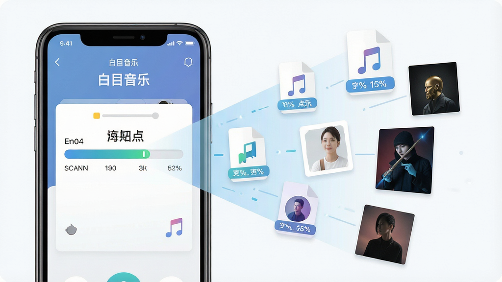 一幅表现手机自动扫描本地音乐文件的场景图,画面左侧为手机屏幕显示扫描进度条与“白目音乐”标题,右侧为悬浮的音乐文件图标与专辑封面元素向屏幕汇聚,布局左右呼应,风格扁平化科技感,细节包括文件格式标签与进度百分比,画质清晰干净,无多余装饰