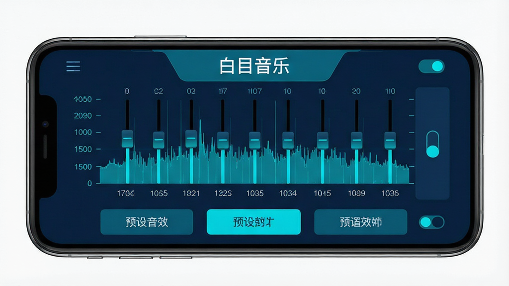 一张展示白目音乐均衡器调节界面的效果图,画面为手机横屏显示音频频谱滑块与预设音效按钮,界面配色为深蓝与青色,顶部标注“白目音乐”字样,布局居中对称,风格专业音频工具感,细节包含频段刻度与开关图标,画质高清,画面干净无杂乱元素