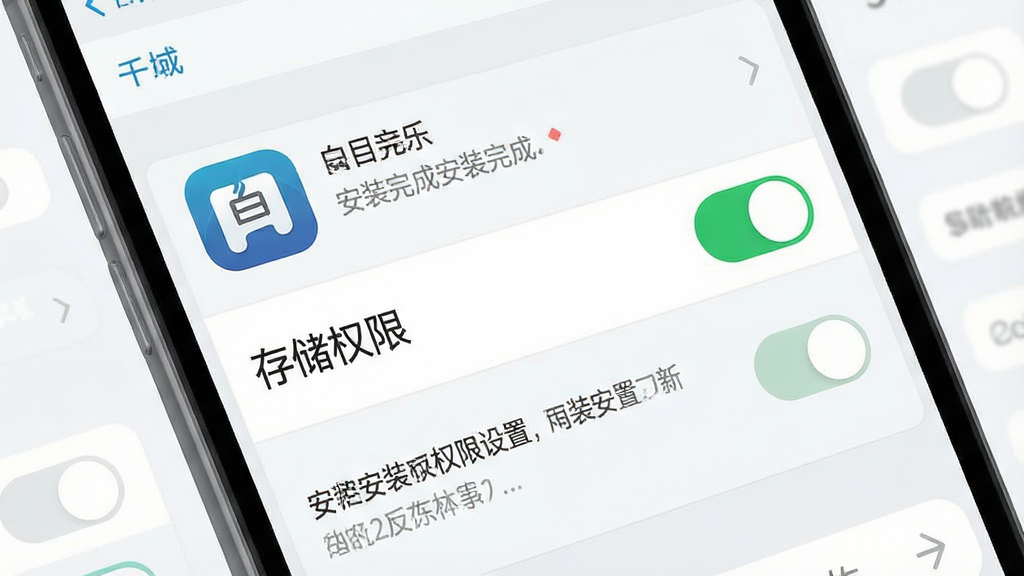 一张展示手机安装应用权限设置界面的示意图,画面为手机屏幕特写,屏幕内显示“存储权限”开关处于开启状态,旁边有“白目音乐”应用图标与安装完成提示,背景为浅色系统设置界面,布局清晰直观,风格简洁说明类插图,细节包含权限说明文字与开关按钮,画质干净高清,无多余元素