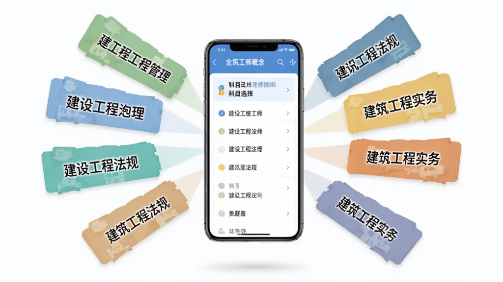 一张表现二级建造师刷题库全科目覆盖概念的AI生图,画面主体为一部手机悬浮在中央,手机屏幕显示科目选择列表,周围环绕着建设工程施工管理、建设工程法规、建筑工程实务等文字标签卡片,布局呈放射状环绕手机,风格现代扁平化,细节丰富,画质干净,无多余元素