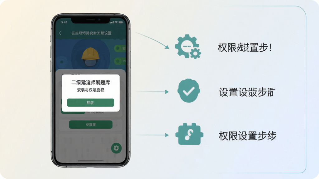 一张展示二级建造师刷题库安装与权限设置引导页面的生图,画面为手机屏幕显示权限授权弹窗和应用安装界面,旁边配有设置步骤的简洁图标示意,背景为浅色渐变,风格扁平化教程风,布局清晰,细节明确,画质干净,无多余元素
