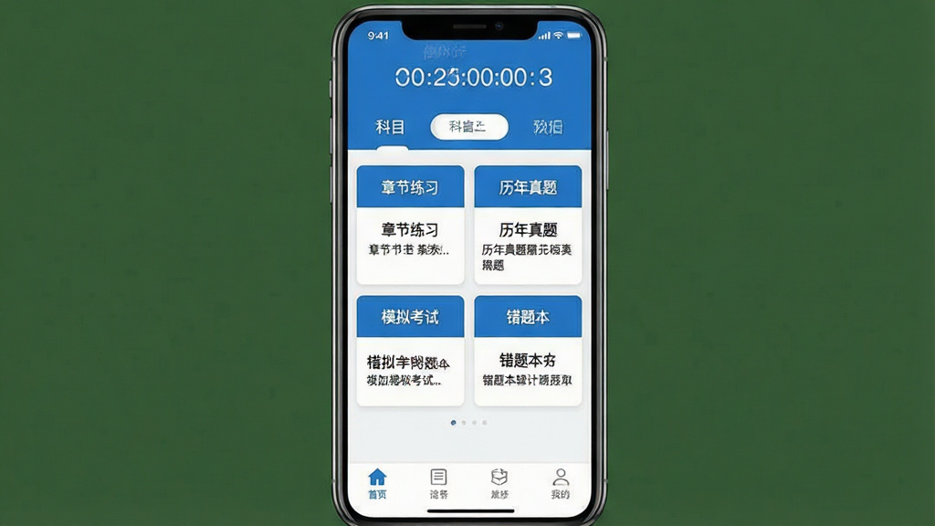 一张展示二级建造师刷题库软件主界面的手机应用预览图,画面中央是一部竖屏智能手机,屏幕内呈现题库首页布局,顶部为考试倒计时与科目切换栏,中部为章节练习、历年真题、模拟考试、错题本四个功能卡片,底部为导航栏,整体采用蓝白配色,风格清爽简洁,细节清晰,画质干净,无多余元素