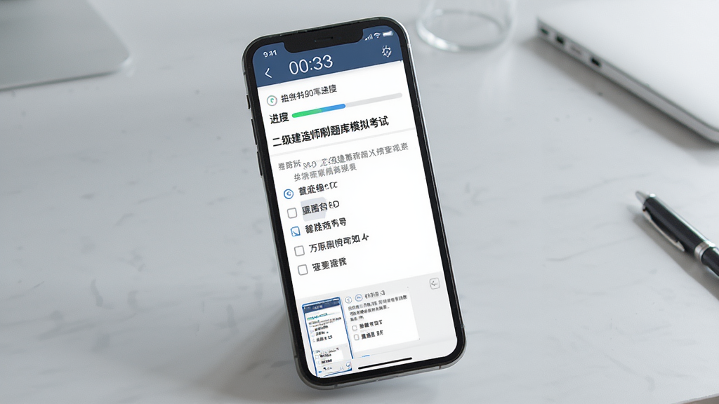一张展示二级建造师刷题库模拟考试功能的生图,画面为手机横屏显示考试答题界面,屏幕上方为倒计时和进度条,中部为题目与选项,下方为答题卡缩略图,背景为简洁的浅灰色书桌场景,风格写实,细节清晰,画质干净,无多余元素