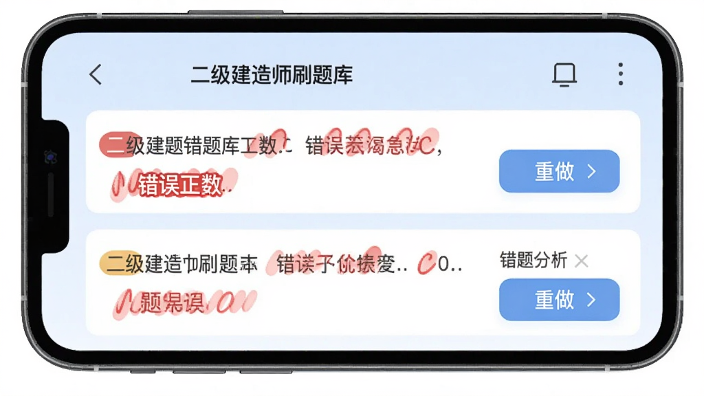 一张表现二级建造师刷题库错题本功能的生图,画面为手机屏幕显示错题列表页面,每道错题带有红色标记和错误次数标签,旁边配有错题分析和重做按钮,整体布局清晰,背景为柔和浅蓝色,风格简洁明快,细节到位,画质干净,无多余元素