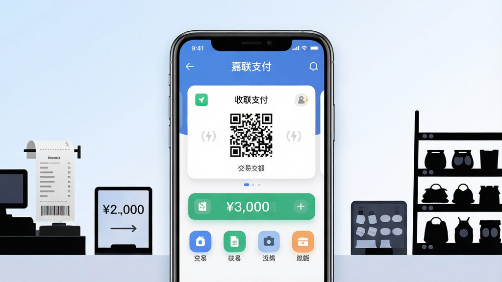 画面主体是一部智能手机居中展示,屏幕上呈现“嘉联支付”APP的收款首页界面,包含收款码卡片、交易金额与功能图标;手机两侧布局商户收银场景元素,如打印小票、收款提示牌、商品货架剪影;整体排版采用左右对称的电商风格构图,背景为浅蓝到白色的柔和渐变;风格为现代扁平化UI展示风,细节包含圆角卡片、清晰图标、柔和投影;画质高清,画面干净,无多余元素