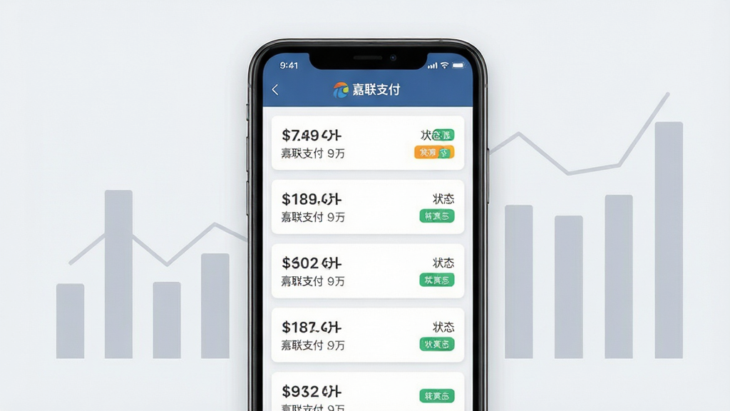 “嘉联支付”APP清算记录页面展示在手机屏幕中央,页面内排列多行交易明细卡片,卡片上呈现金额数字与状态标签;手机背后为淡灰色数据图表背景,包含柱状图与折线图剪影;布局为纵向信息流构图,风格为简洁商务扁平风,细节包含清晰的数字排版与状态色块;画质高清,画面干净,无多余元素