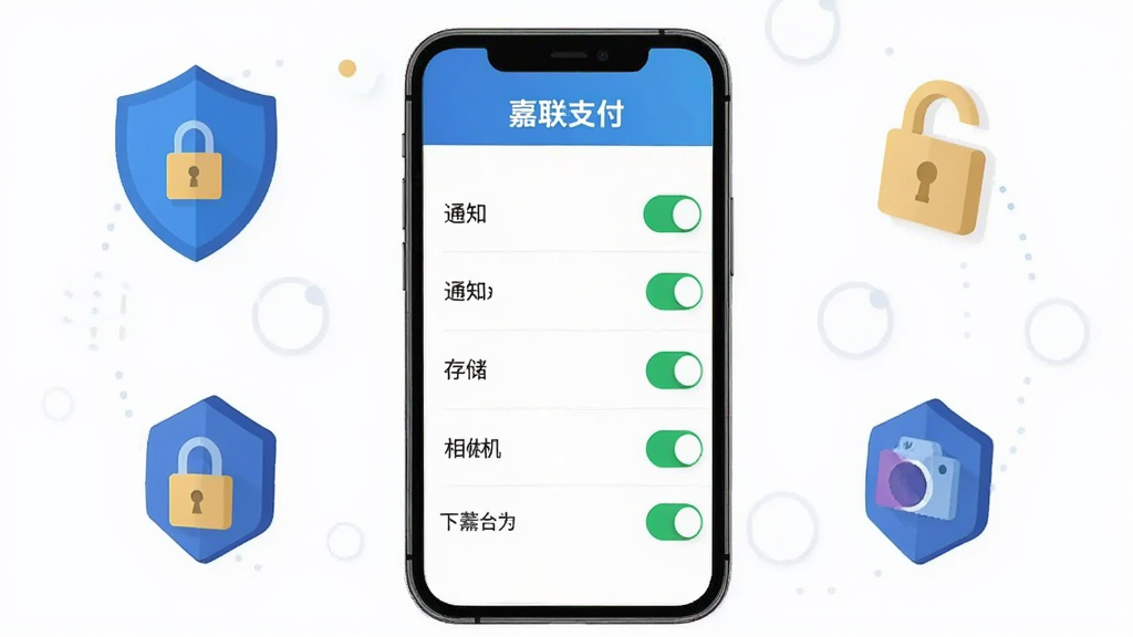 “嘉联支付”APP权限设置页面展示在手机屏幕上,页面列出通知、存储、相机等权限开关,旁边配以盾牌与锁的抽象图标;布局为手机居中、图标环绕的构图,风格为简洁科技扁平风,细节包含开关状态色块与清晰文字排版;画质高清,画面干净,无多余元素