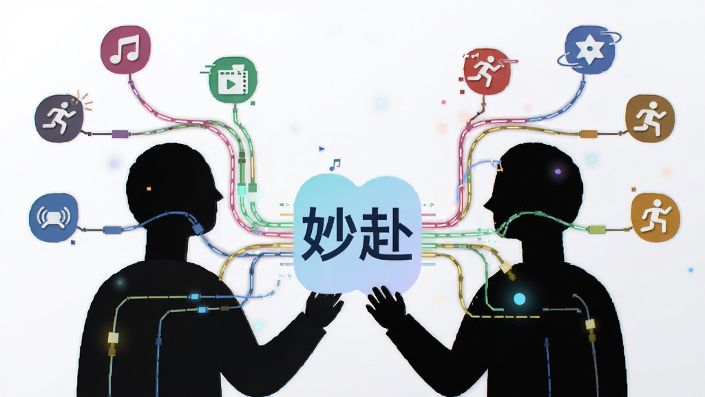 画面展示两个抽象人物剪影通过多条彩色数据线连接至中央的“妙赴”标识,线条末端浮现兴趣图标如音乐、电影、运动等;布局采用左右对称结构,风格为科技感扁平插画,背景为浅灰白色,细节处加入微光粒子效果,整体干净利落,画质锐利无噪点。