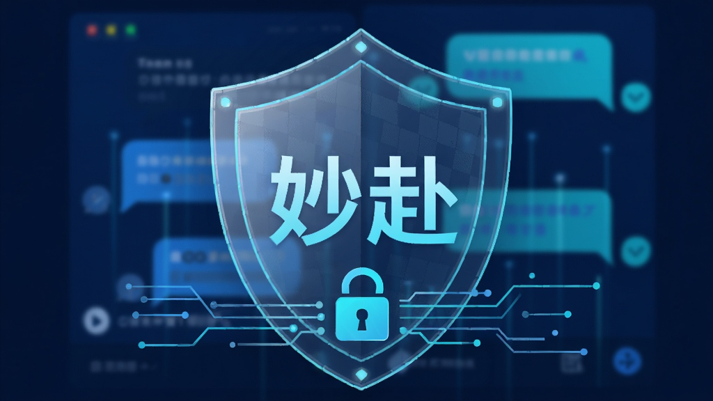 画面以一把半透明的盾牌为中心,盾牌表面浮现“妙赴”文字标识,盾牌后方是模糊的聊天界面元素,前方有锁形图标与数据流线条;布局居中,风格为现代安全主题插画,配色以深蓝与亮青为主,细节处加入网格纹理,画质干净清晰,无杂乱背景。