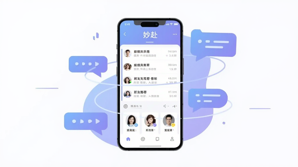 画面中央放置一部智能手机,屏幕显示“妙赴”应用主界面,界面包含聊天列表与好友推荐卡片;手机周围环绕抽象聊天气泡与连接线条;整体采用扁平化插画风格,配色以柔和的蓝紫色渐变为主,背景干净简洁,无多余装饰元素;画质清晰,构图居中,适合软件下载站展示。