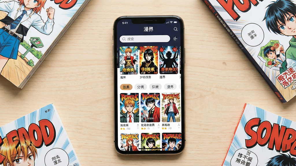 一张手机屏幕展示漫画阅读应用界面的场景图,画面中央是一台竖屏智能手机,屏幕上显示