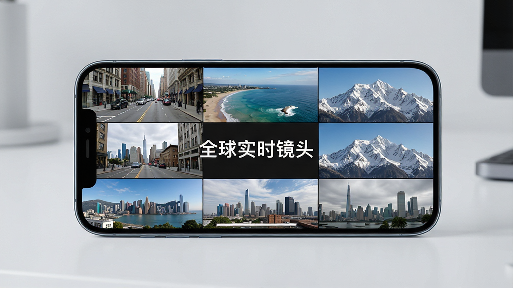 一张展示手机屏幕的图片,画面中手机横屏显示多个全球不同城市的实时摄像头画面缩略图,主体为一部现代智能手机,布局为手机居中放置于简洁桌面背景上,排版突出屏幕内的多画面网格,风格为清爽科技感,细节包括城市街景、海岸线、雪山等画面元素,画质高清,画面干净,无多余元素,图片中显示文字“全球实时镜头”
