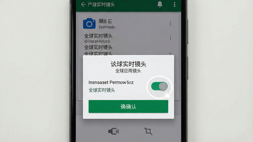 一张展示安卓手机安装应用过程的图片,主体为手机屏幕显示安装权限确认弹窗,布局为手机居中,排版突出权限开关与安装按钮,风格为系统界面写实风格,细节包括权限列表和确认按钮,画质清晰,画面干净,无多余元素,图片中显示文字“全球实时镜头”