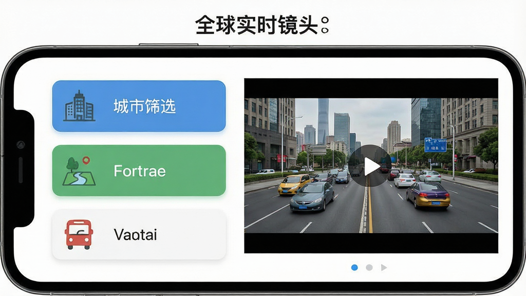 一张展示全球实时镜头功能特点的图片,主体为手机屏幕中呈现分类筛选与实时画面播放界面,布局为左侧分类标签栏与右侧画面预览区,排版突出筛选按钮和播放窗口,风格为扁平化应用展示风格,细节包括城市、自然、交通三类图标和实时画面,画质高清,画面干净,无多余元素,图片中显示文字“全球实时镜头”