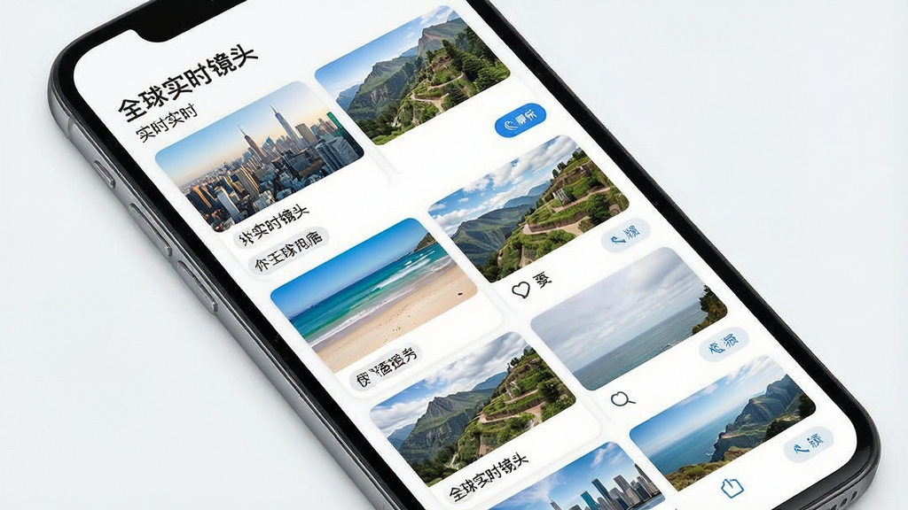 一张展示全球实时镜头应用界面的图片,主体为手机屏幕内呈现的实时摄像头画面列表,布局为纵向排列的卡片式预览,排版清晰展示地域标签和刷新按钮,风格为现代简约的移动应用界面风格,细节包括城市天际线、海滩、山路等画面缩略图,画质清晰,画面干净,无多余元素,图片中显示文字“全球实时镜头”